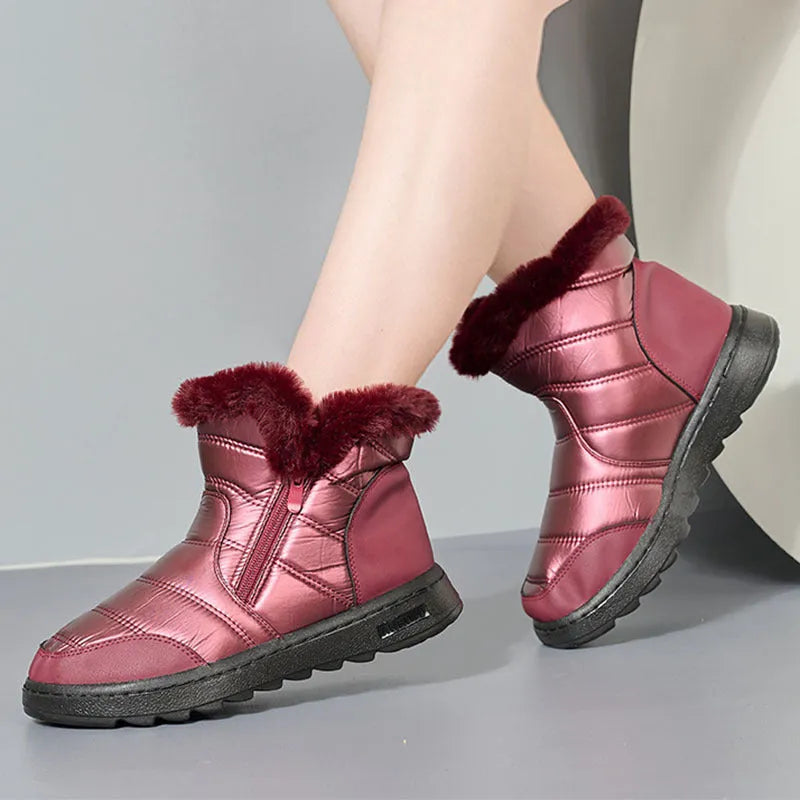 Winter high top snow boots with side zipper, fur upper, plush lining, and polyurethane sole in black