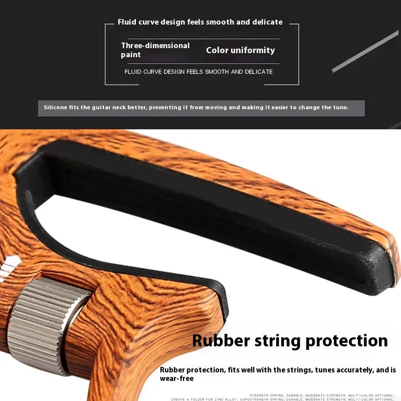 Aroma Capo AC-30 guitar capo in silver or wood grain colour, zinc alloy and silicone, with tuning clip