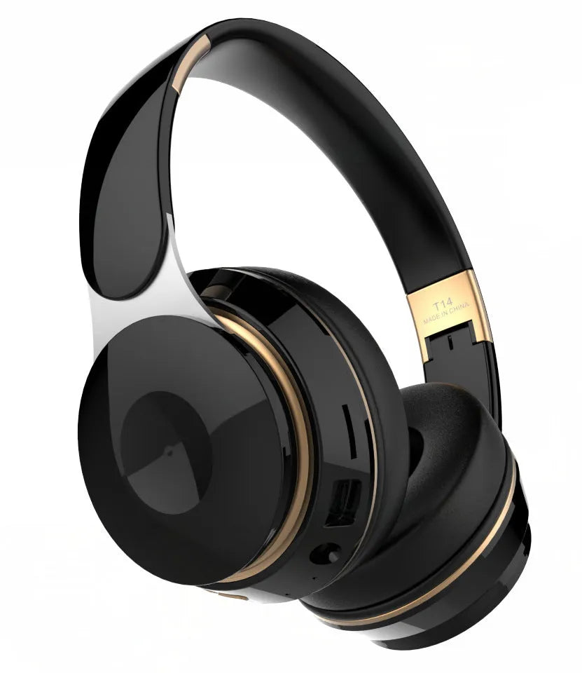 Foldable Bluetooth wireless headset in multiple colours shown open for wear and folded for storage.