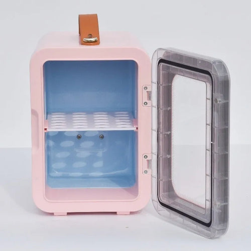 Pink mini refrigerator with transparent door showing 6L capacity for hot and cold dual-use in car and home