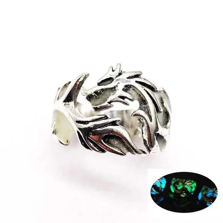 Adjustable Chinese style ring with luminous dragon pattern in archaism silver blue and green electroplated finish