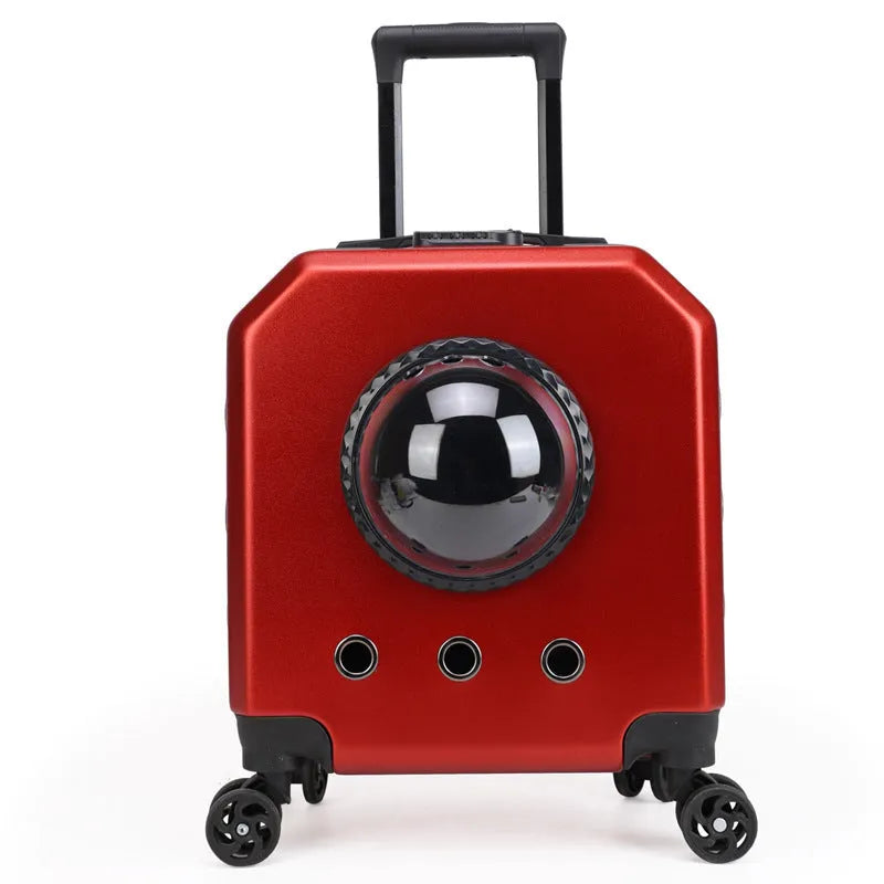 Hard-shell pink PVC pet flight case on wheels for cat air travel.