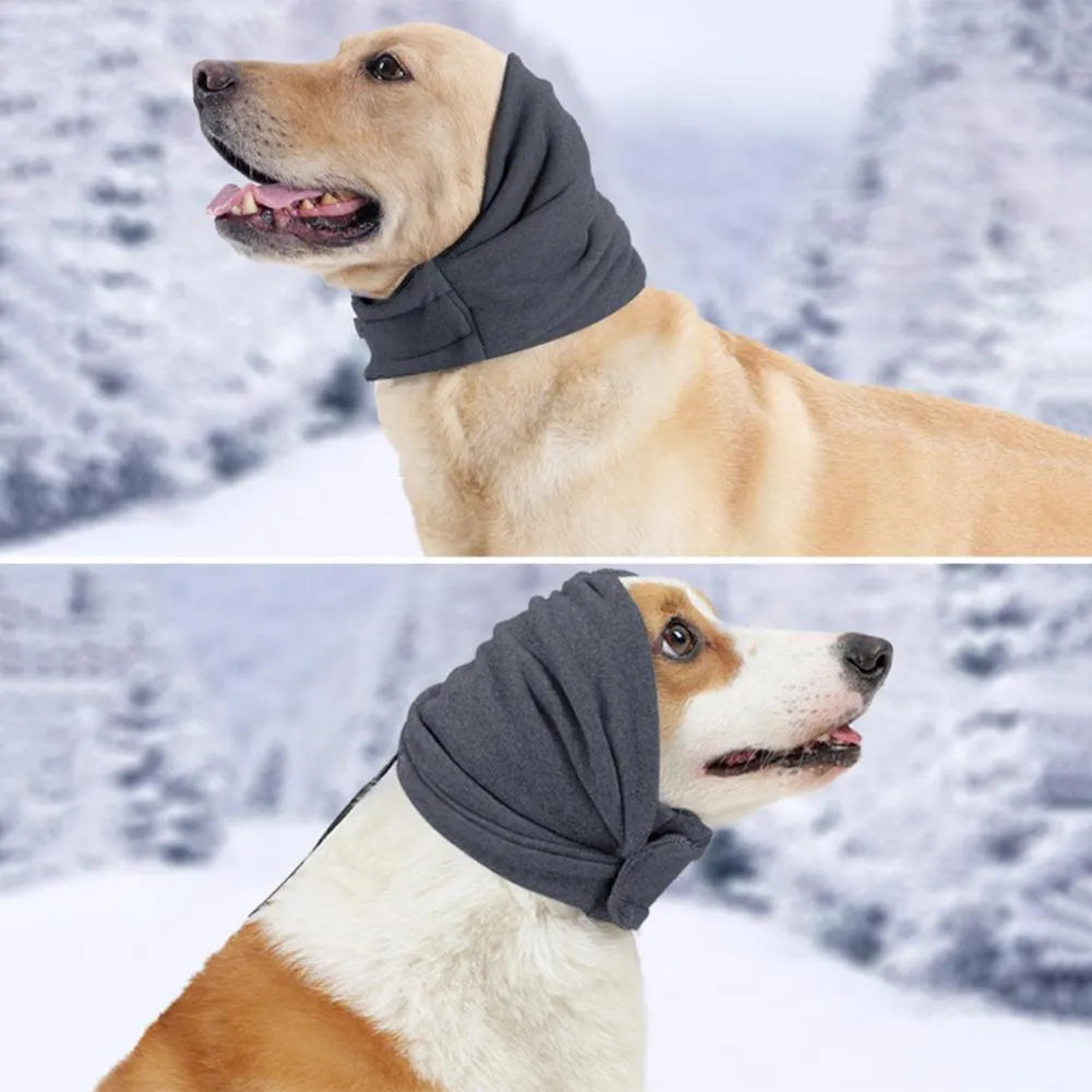 Polyester dog calming hoodie head wrap in black or purple colours with size options for noise reduction and hair management
