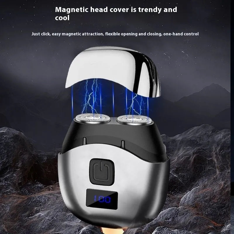 Mini double-headed rechargeable electric shaver in black or silver with removable cutter head and data cable colour box