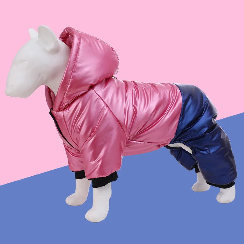Green waterproof cotton dog coat on a dog, showing four-legged design.