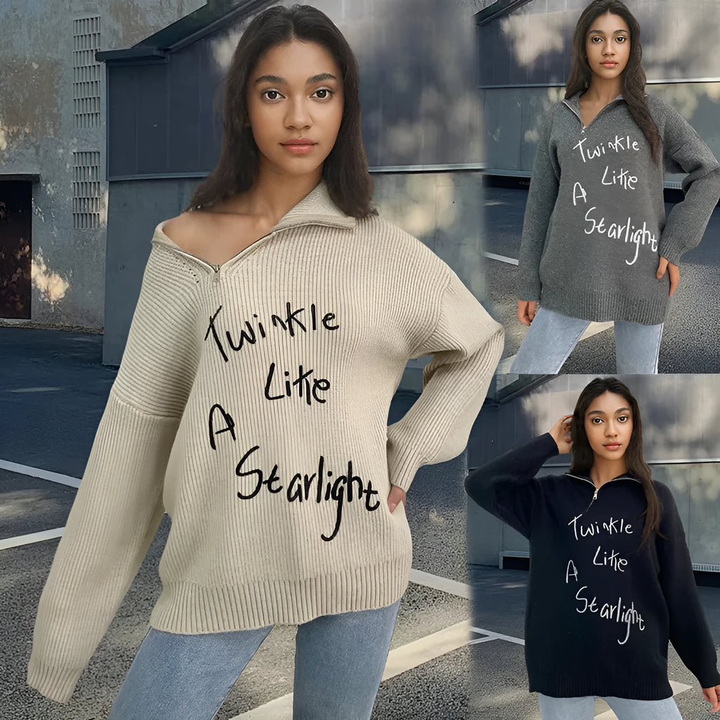 Women's light khaki alpaca fleece pullover sweater with loose lapels and an oblique diagonal zip.
