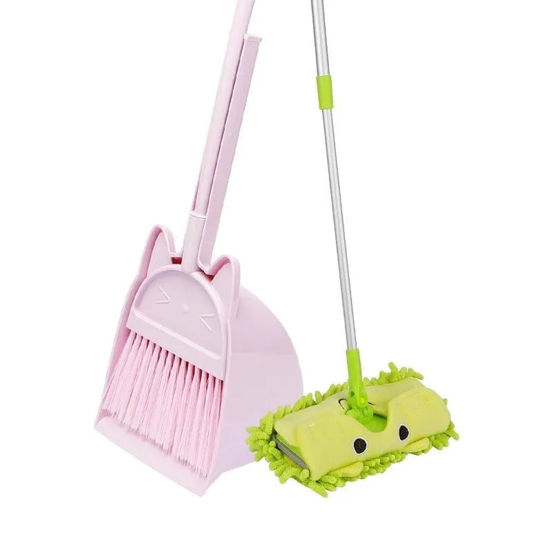 Purple plastic broom and dustpan set with rotating brush holder attachment
