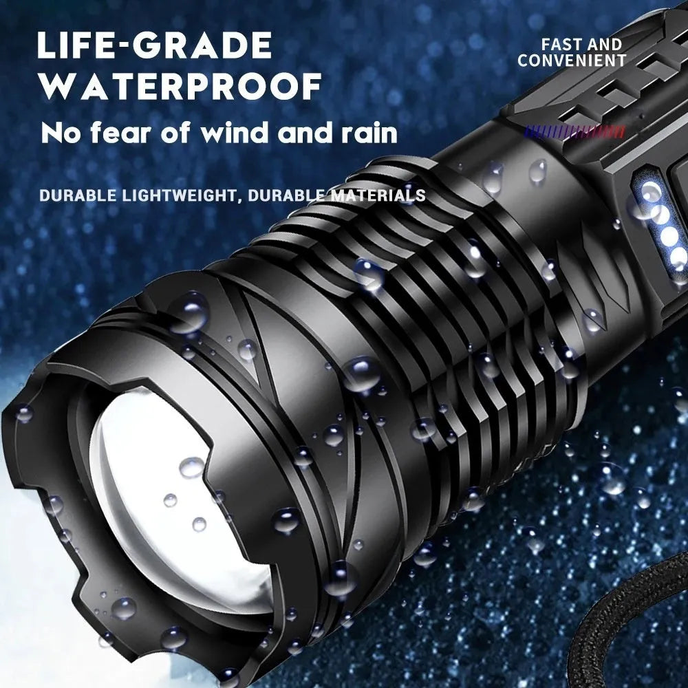 Aluminium alloy power torch with telescopic zoom, 30W output, A76 P50 lamp beads, and charging cable.