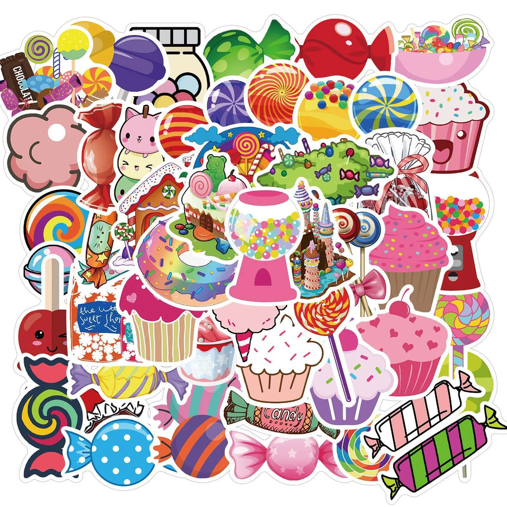 Colourful candy graffiti stickers pack showing cartoon designs and sweet-themed patterns