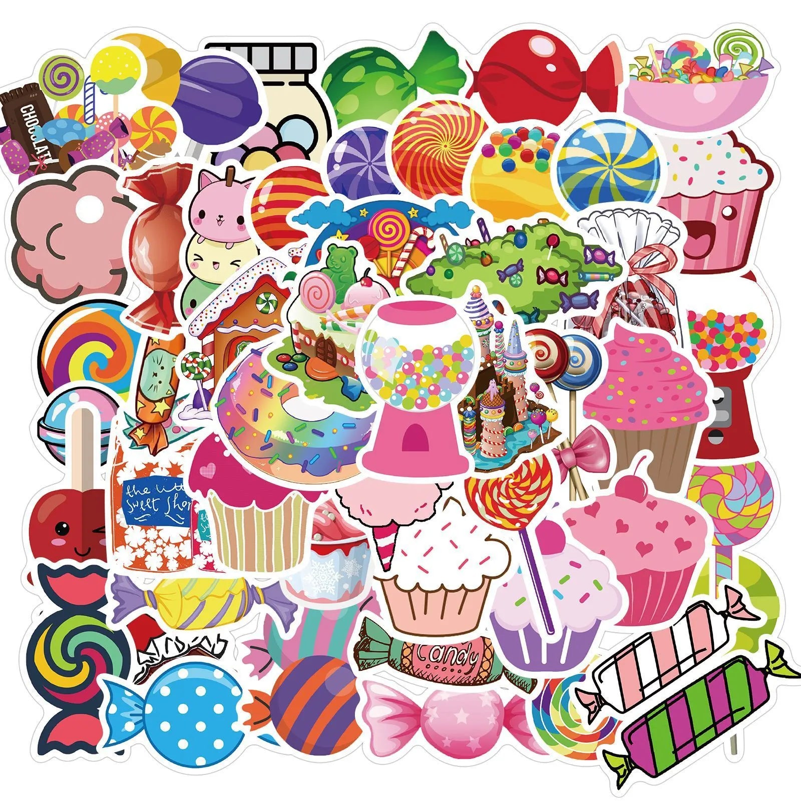 Colourful candy graffiti stickers pack showing cartoon designs and sweet-themed patterns