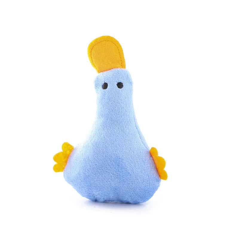 Plush duck dog and cat toy with catnip filling, squeaker, and rattle in blue, pink, yellow, or black