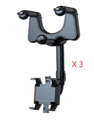 Black rearview mirror car phone holder with telescopic arm and 360° rotating joint on a car mirror.