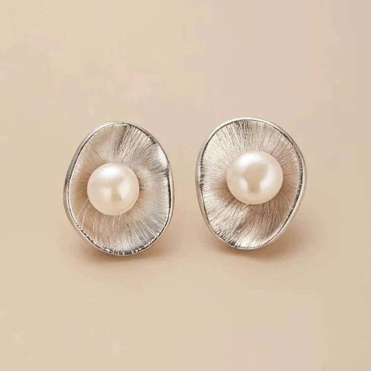 Pearl sterling silver geometric needle earrings with electroplated gold colour finish