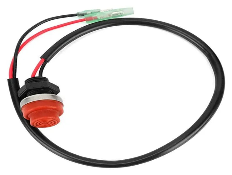Red Yamaha marine engine kill switch with coiled safety rope and clip.