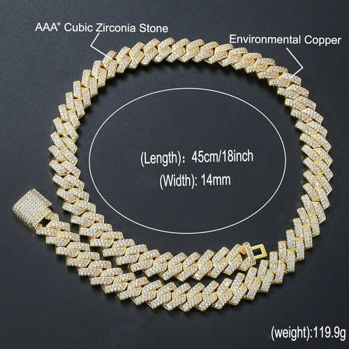 14mm copper Cuban link chain for men with micro-inlaid zircon stones in gold finish, 18 inch length