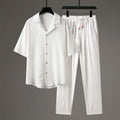 Men's Chinese style two-piece sports set with short-sleeve top and long trousers in polyester with wool lining