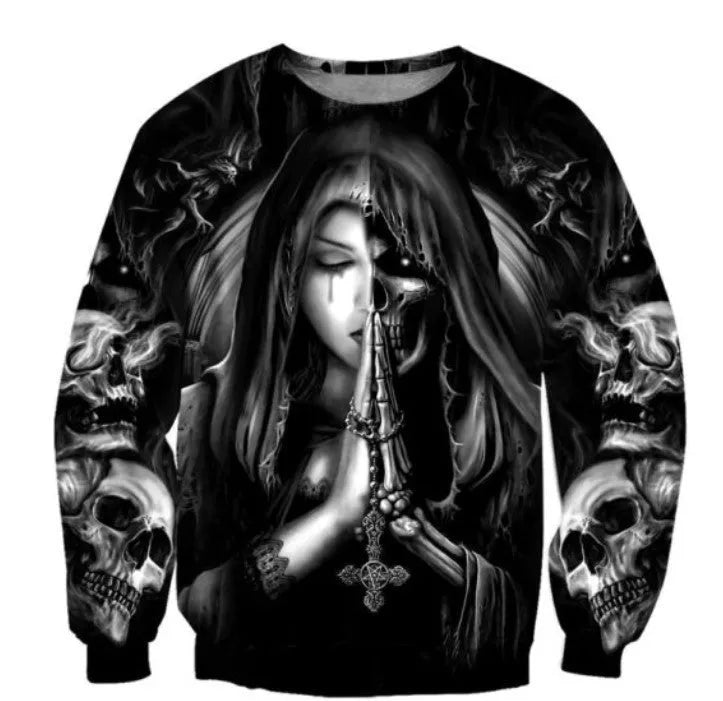 Halloween anime graphic hooded sweatshirt with a raised 3D skull design on the front.