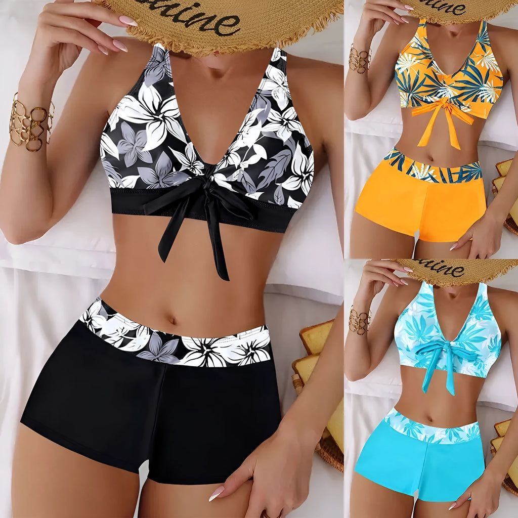 Orange plus size bikini split swimsuit printed polyester briefs female sleeveless swimming suit