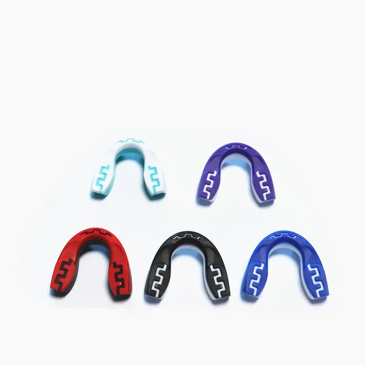 Adult boxing mouthguard with printed teeth design and elastic straps for martial arts protection