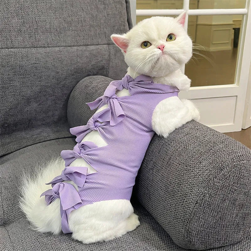 Lace-up cat sterilisation clothing in polyester fabric showing adjustable fastening and available colour options