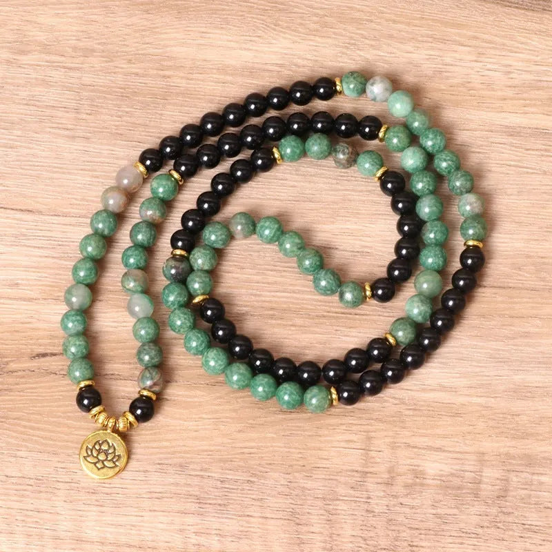 Green and black alloy elastic bracelet with beaded natural style design