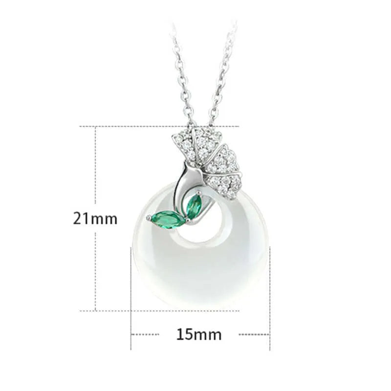 White ginkgo leaf pendant necklace with mixed gem inlay on silver electroplated O-ring chain