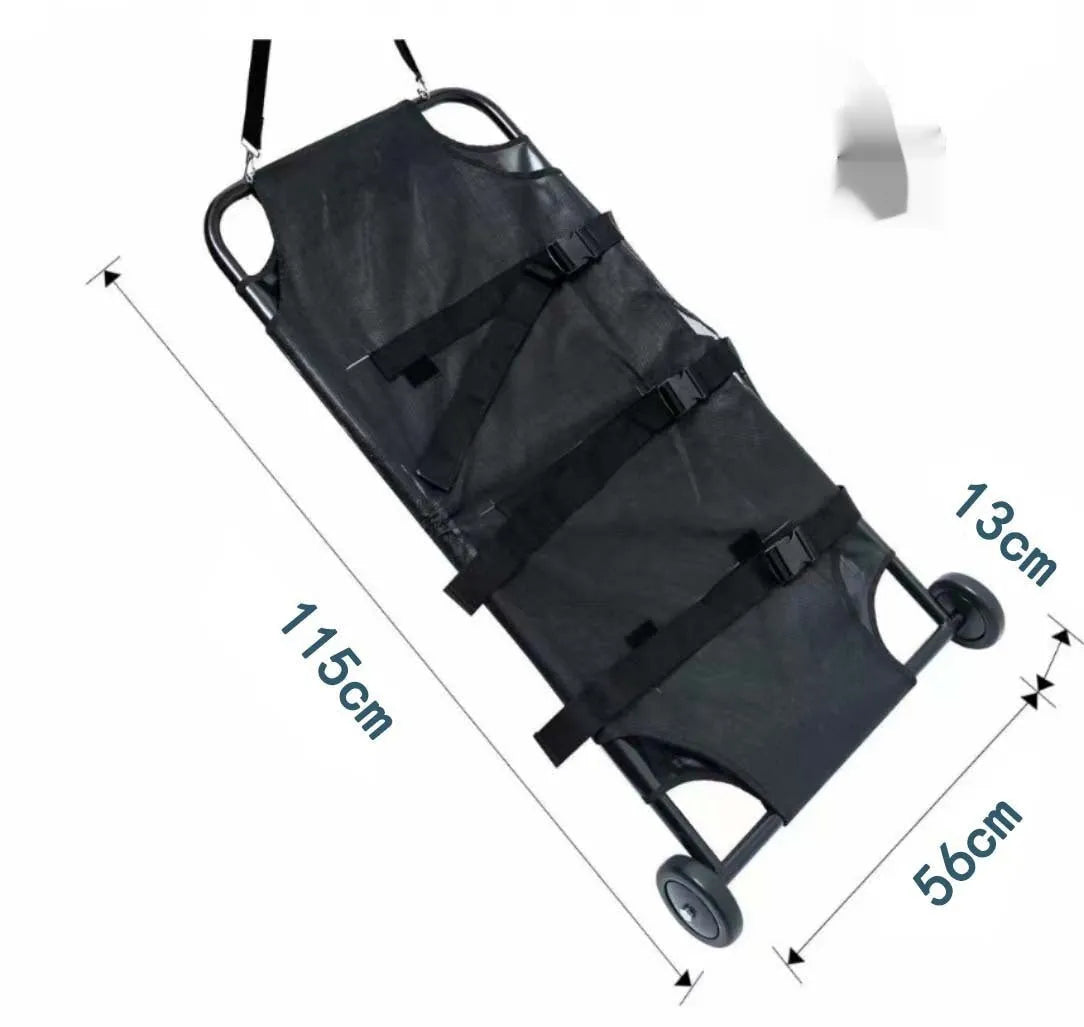 Large black folding aluminium alloy pet stretcher for emergency dog transfer.