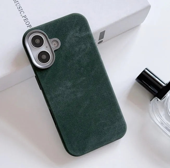 Flannel magnetic phone case in bean green for iPhone with fibre cloth texture and magnetic suction