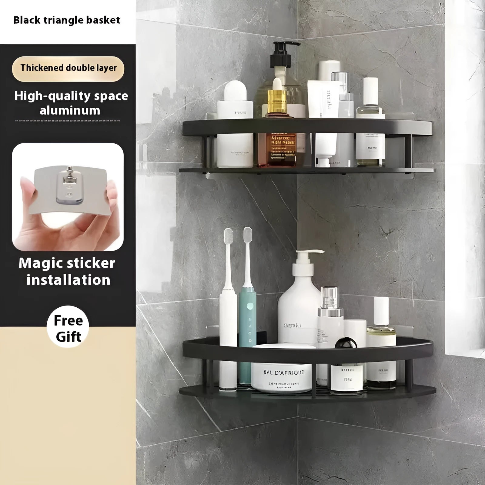 Black wide-brimmed double-layer triangle bathroom storage rack with multiple shelves for punch-free installation