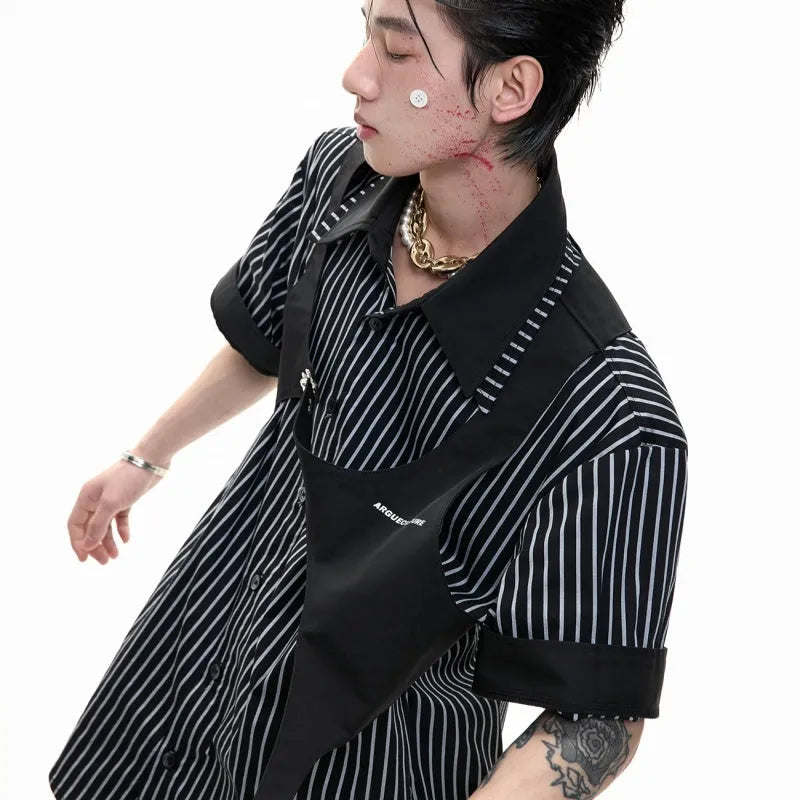 Men's black and white striped shirt with double collar design and short sleeves