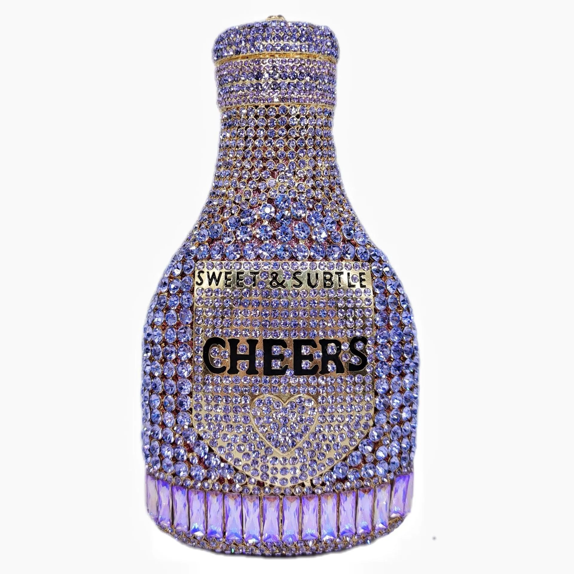 Gold champagne bottle shaped evening clutch with rhinestone decoration on black background