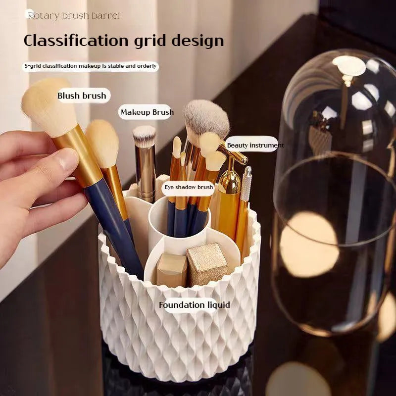 White rotating transparent acrylic makeup brush storage box with dustproof lid on desktop