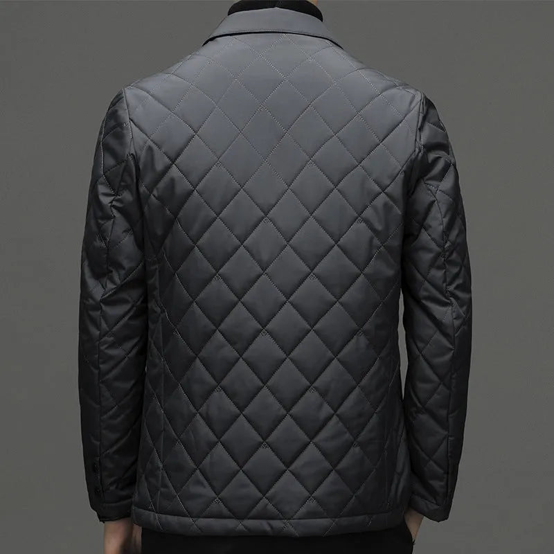 Men's black thick lapel down jacket shown on a model, featuring side seam pockets.
