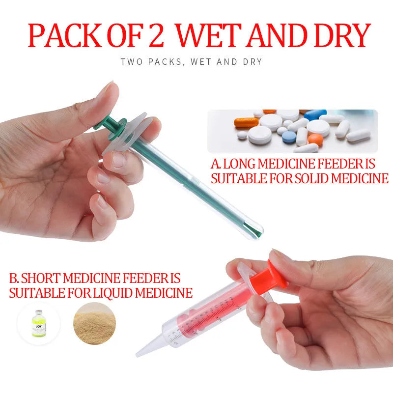 Two pet pill shooter syringes with soft tips, one larger and one smaller, for administering medication to cats and dogs.
