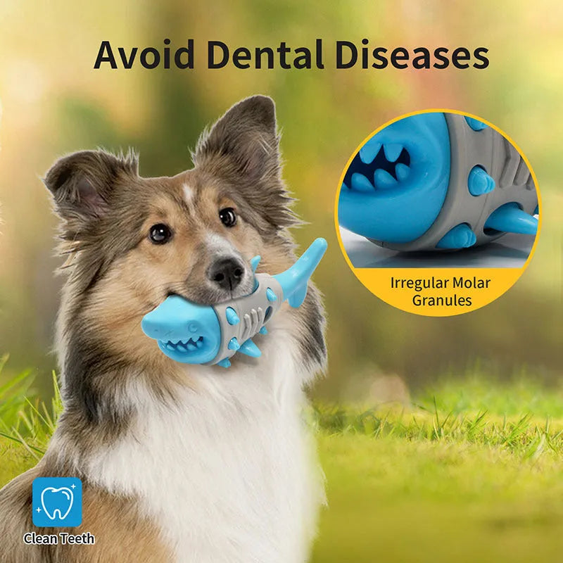 Blue rubber dog chew toy with shark-tooth texture and venting channels for teething puppies