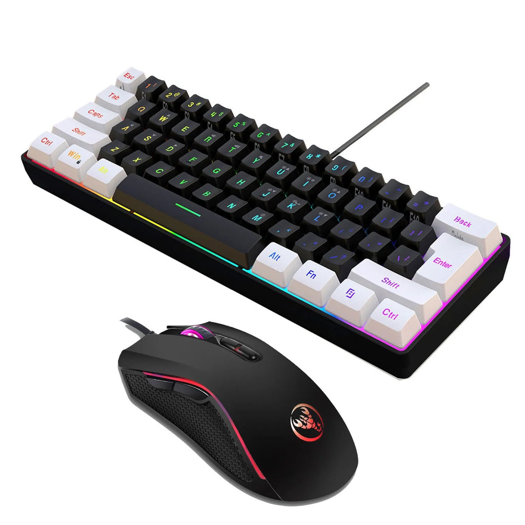V700WB A869 white and black backlit gaming keyboard and mouse suit on a desk.