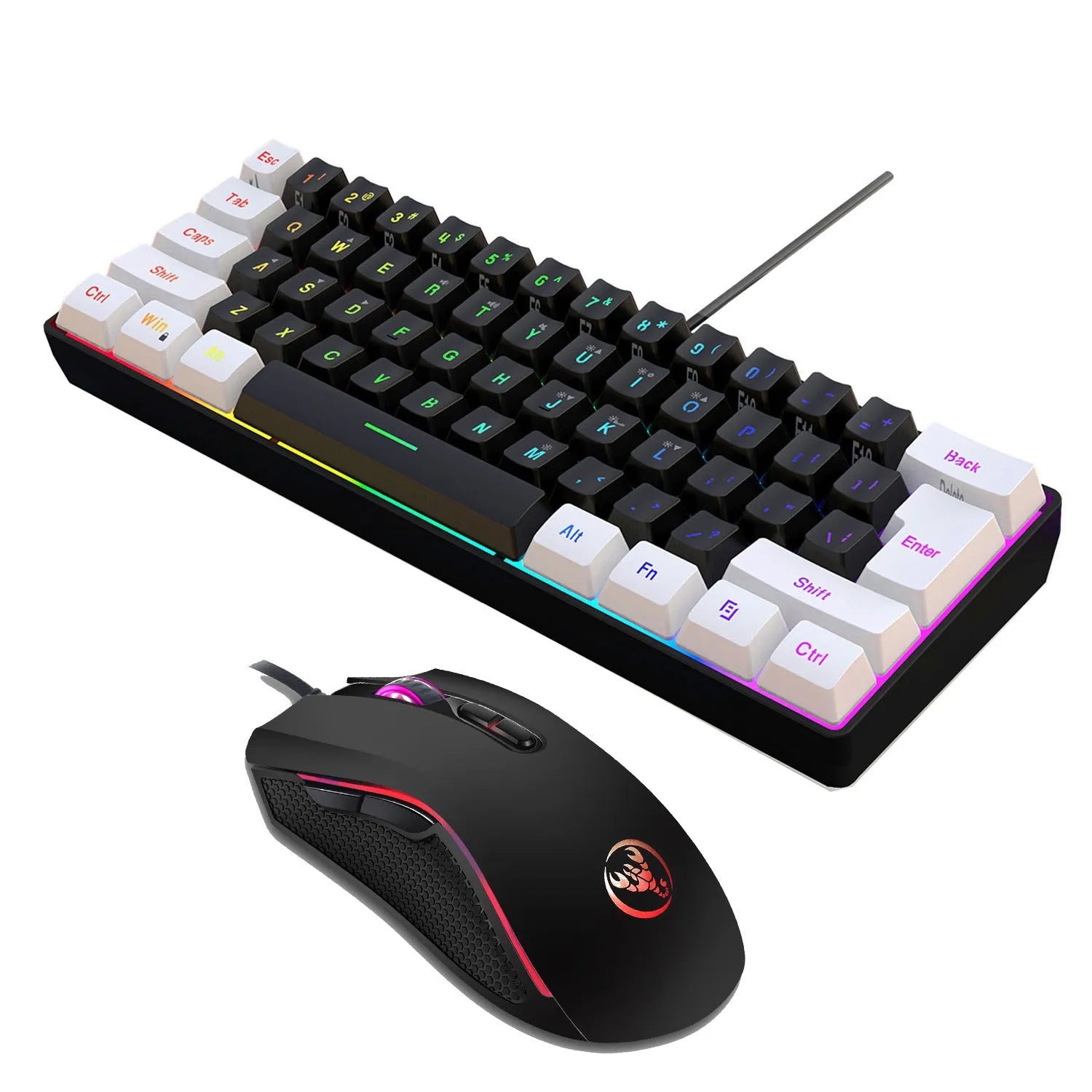 V700WB A869 white and black backlit gaming keyboard and mouse suit on a desk.