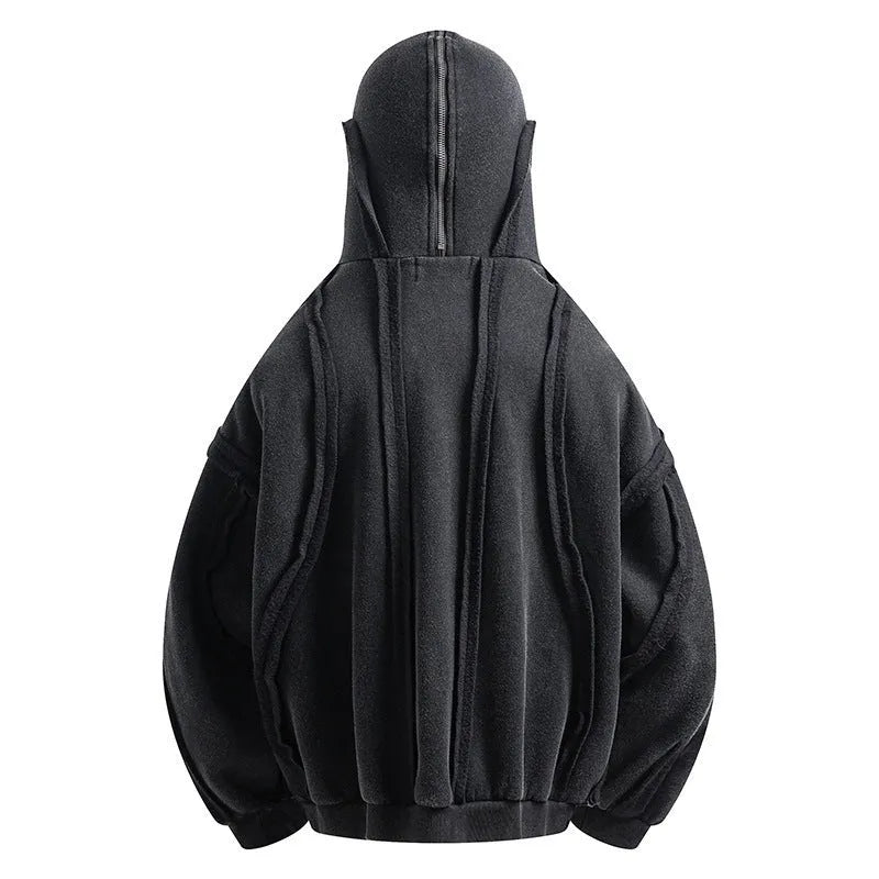 Men's black cotton hooded cardigan coat with abstract pattern, loose retro fit, and front zip