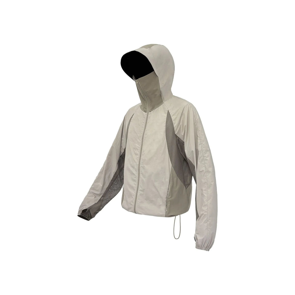 Mesh stitching thin nylon sun protective clothes shown in desert brown, light gray, red, and blue colours.