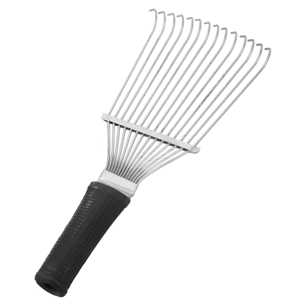 Black stainless steel pet dematting brush rake comb with curved teeth for grooming dogs and horses.