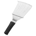 Black stainless steel pet dematting brush rake comb with curved teeth for grooming dogs and horses.