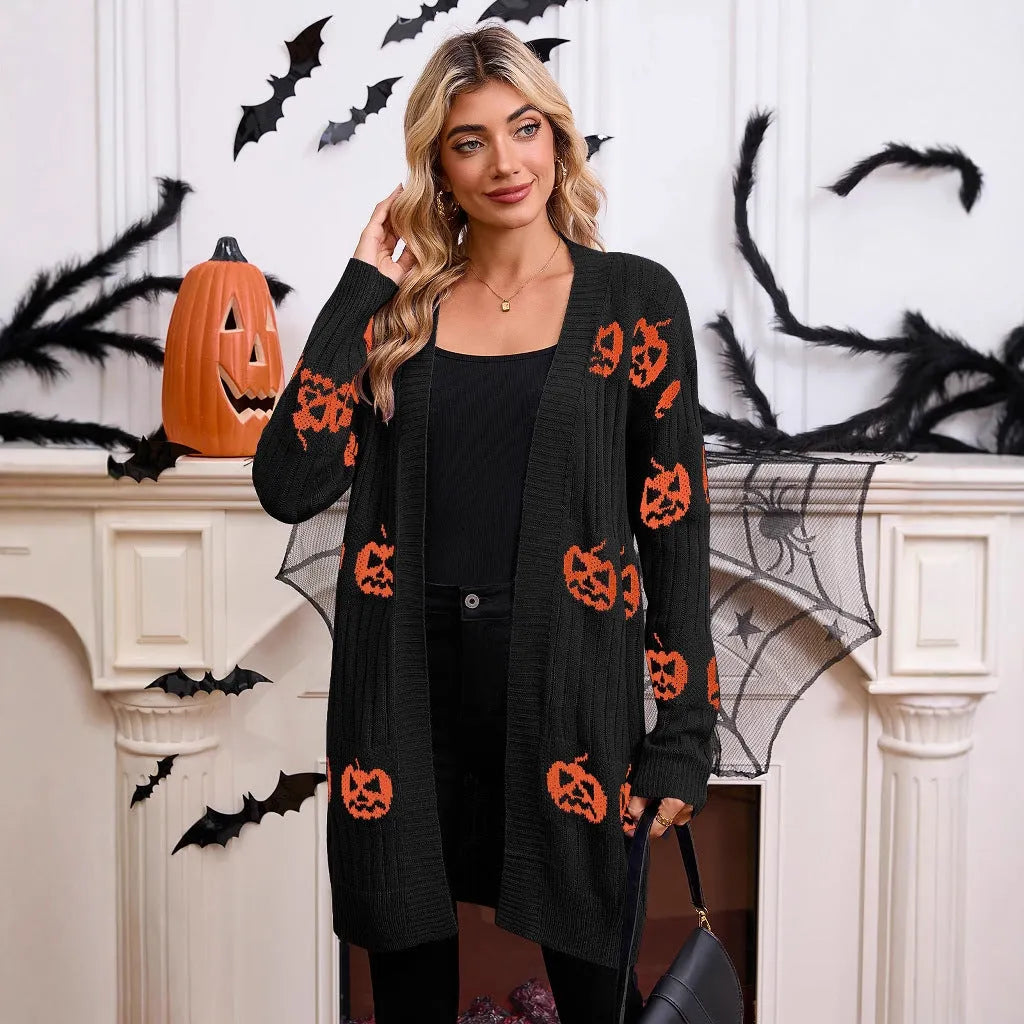 Women's Halloween pumpkin head Jacquard knitted cardigan sweater in straight fit