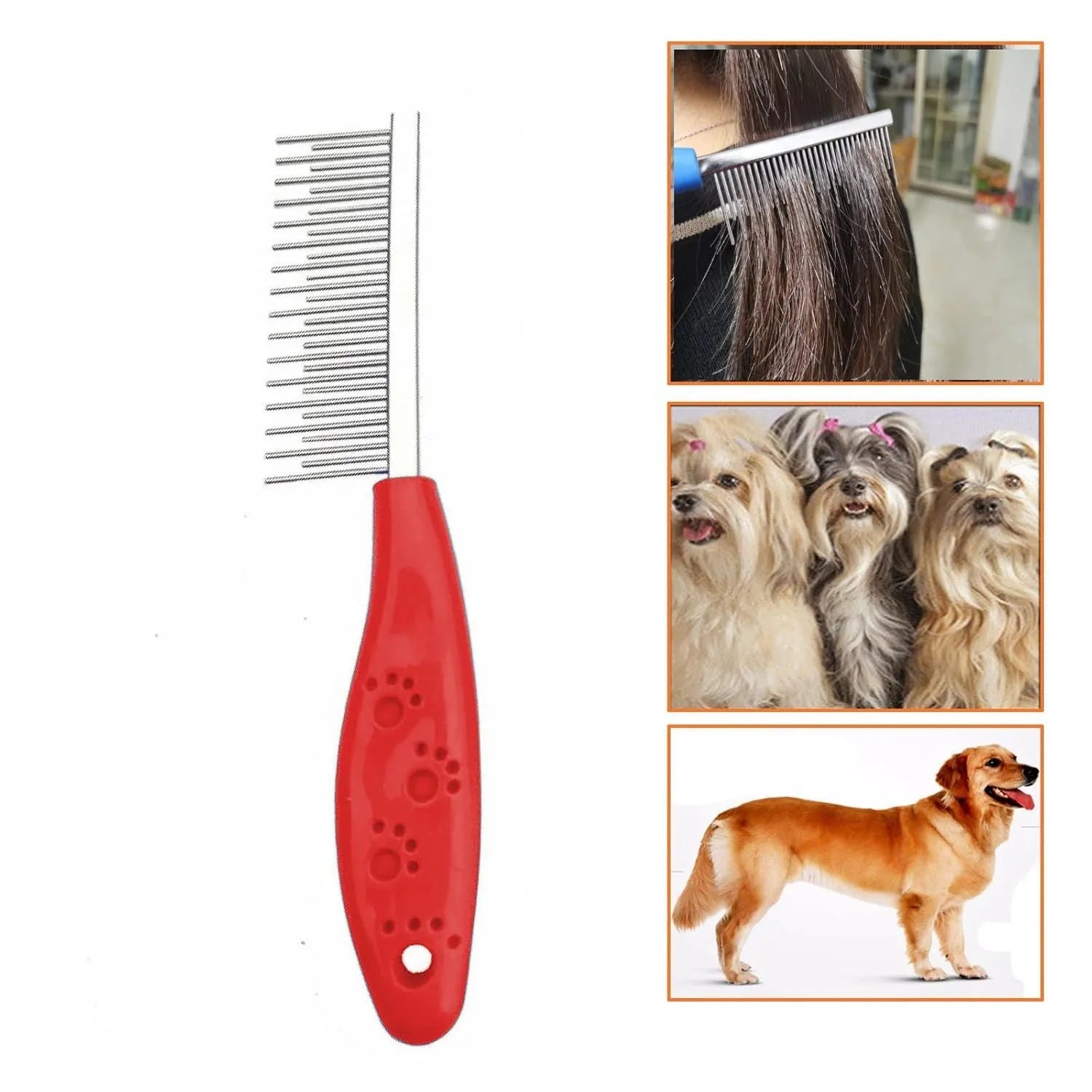 Red pet grooming comb with stainless steel short and long teeth and plastic anti-slip handle