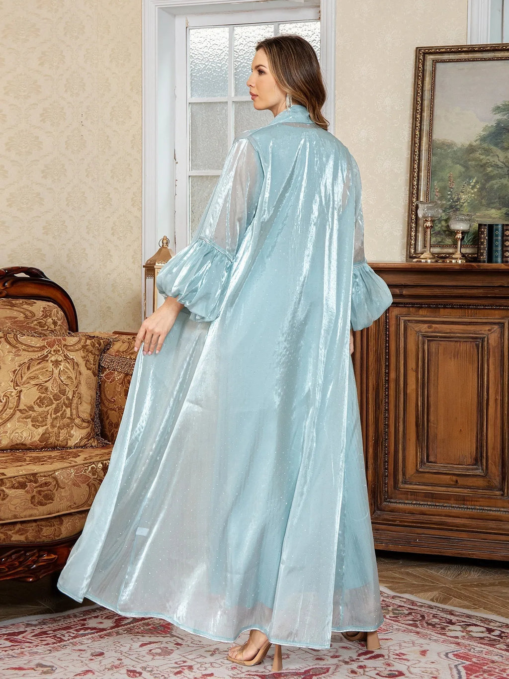 Brown Arabic two-piece set dress with rhinestone detailing and long sleeves for Dubai style evening wear