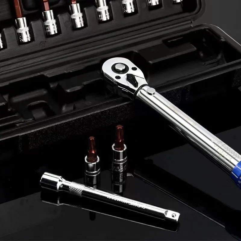 15-piece preset adjustable torque wrench set with 1/4-inch ratchet head for bicycle repair, 2-24 Nm range