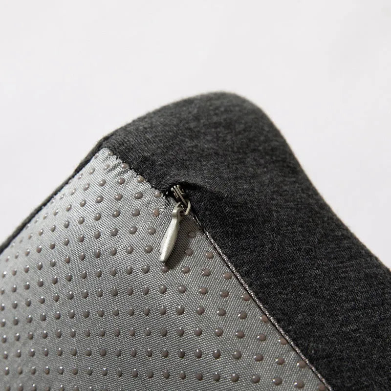 Memory foam office chair cushion with removable mesh cover in grey, shown on a desk chair.