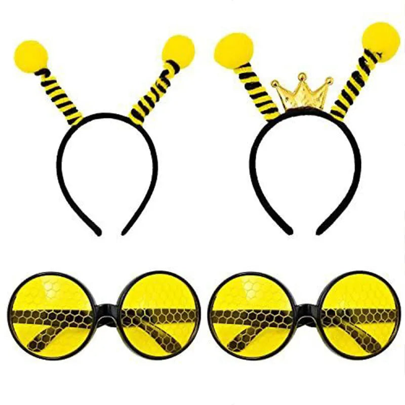 Yellow bee-themed cloth headband and matching round glasses for children's fancy dress costume.