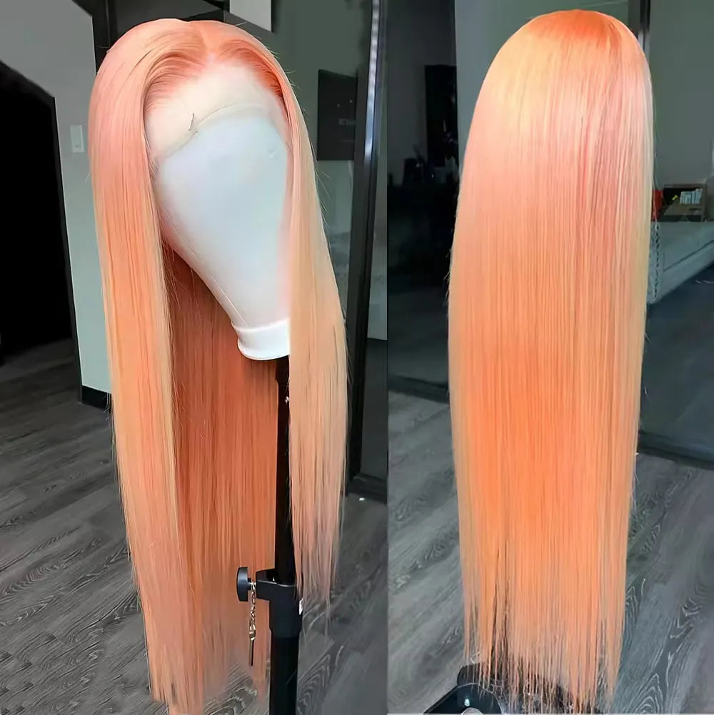 Light orange long straight front lace wig with side bangs on a model