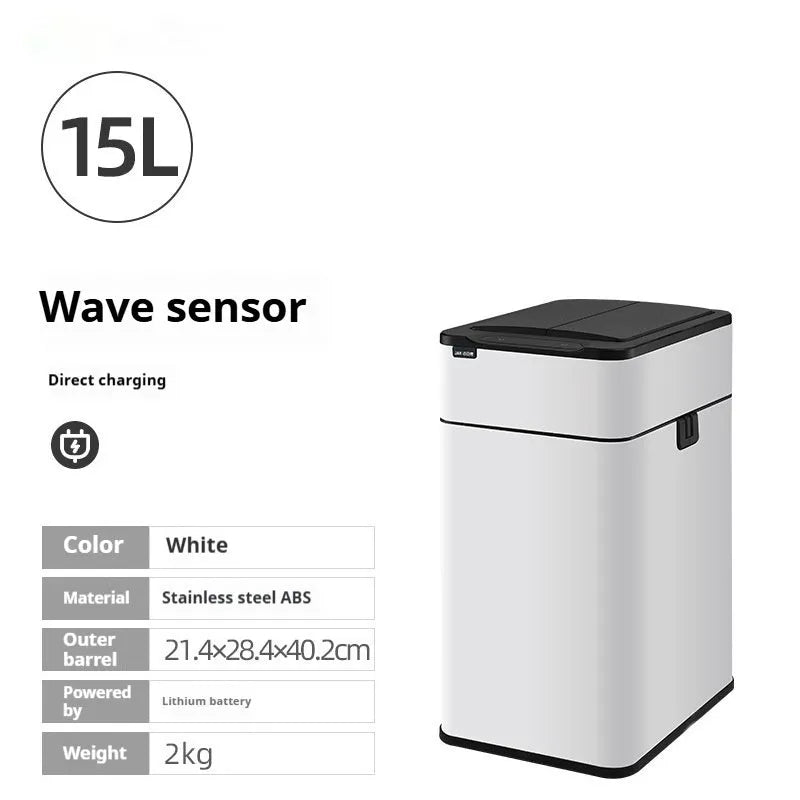 Stainless steel square inductive smart trash can with automatic sensor lid and deodorant function.