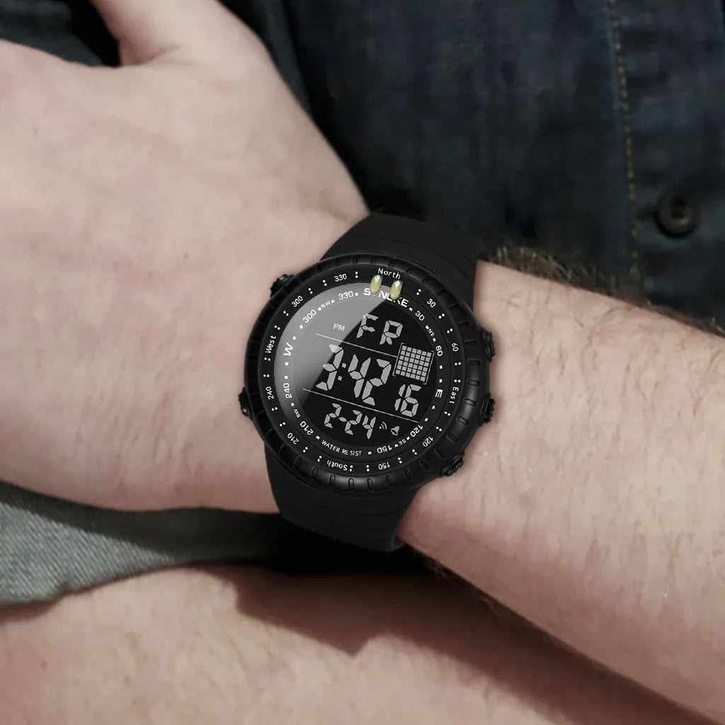 Black men's outdoor electronic watch with large dial on an adjustable PU strap.